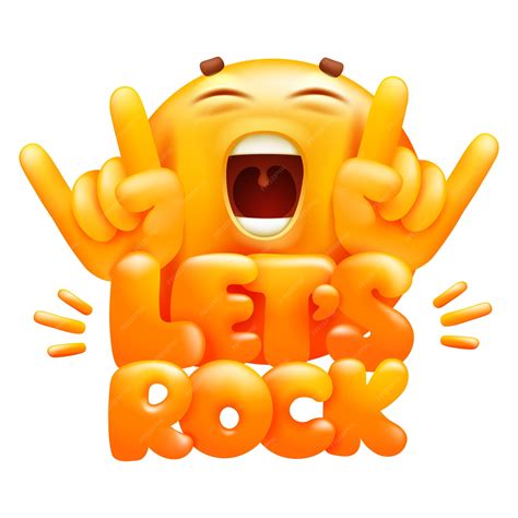 Premium Vector | Let's rock web sticker. yellow emoji cartoon character. emoticon smile face.