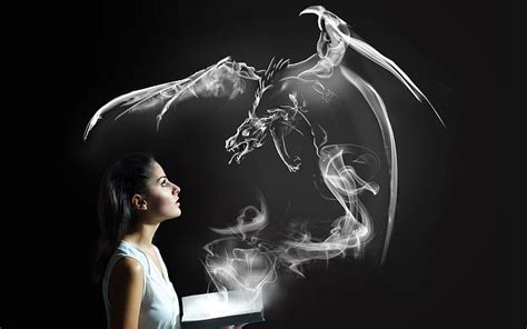 HD wallpaper: fantasy art, women, smoke, dragon, black background, one person | Wallpaper Flare