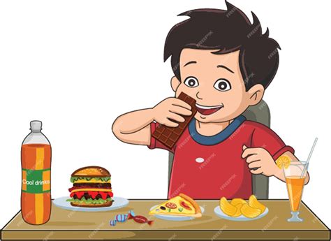 Premium Vector | Boy eating junk food such as burger pizza cold drink vector illustration