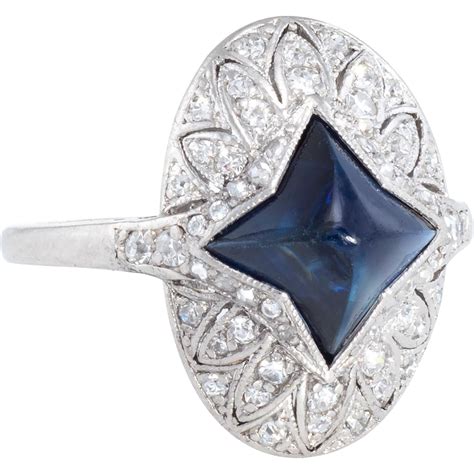 Vintage Art Deco No Heat Star Sugarloaf Natural Sapphire Diamond Platinum Ring Estate Jewelry # ...