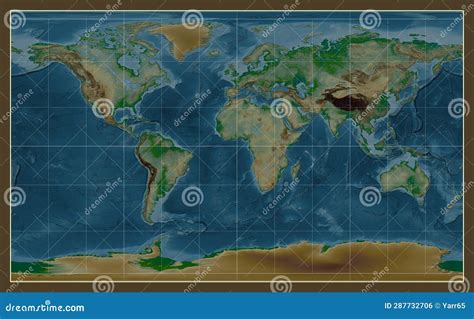 World Map. Physical. Compact Miller Projection. Meridian: 0 Stock Illustration - Illustration of ...