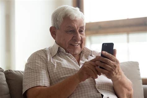 Smiling Older Man Holding Phone, Using Mobile Device Apps Stock Photo ...