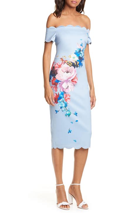 Ted Baker Raspberry Ripple Floral Scallop Off The Shoulder Dress in Blue - Lyst