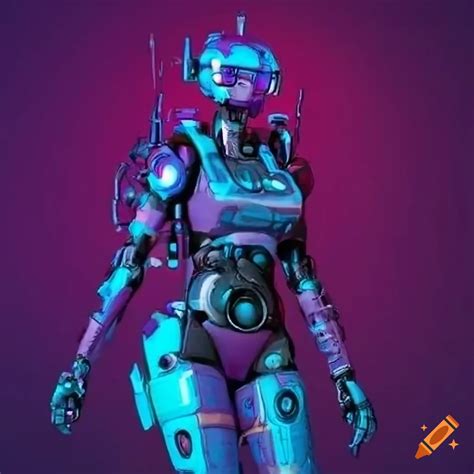 Purple cyberpunk robot gazing at neon blue bloom on Craiyon