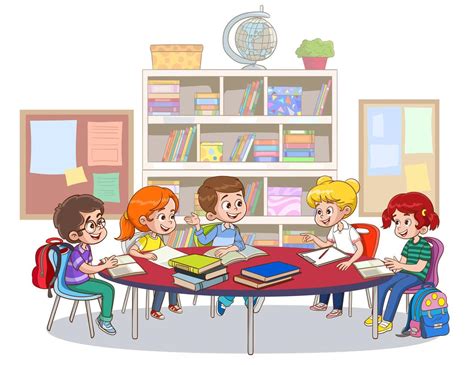 Group of children sitting at desk in school library and studying together. Or shelves on the ...