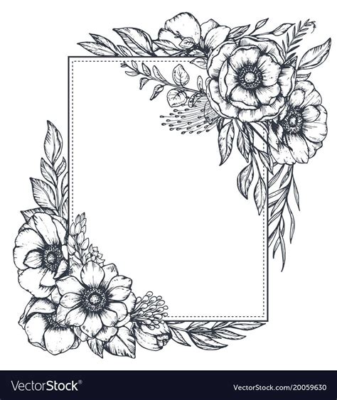 Vector Black and White Floral Frame with Anemone Flowers
