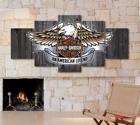 Large Framed Harley Davidson Barnwood Style Canvas Art Home Decor Five Piece - Posters & Prints