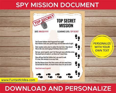 Spy / Secret Agent Mission Document Spy Party Games, Spy Party Activity Editable Text Instant ...