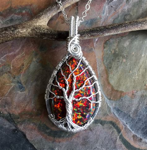 Opal Necklace, Red Opal Necklace,Opal Silver Pendant, October Birthstone,Opal Tree of Life ...