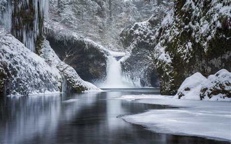 nature, Landscape, Forest, Mountain, Waterfall, River, Snow, Winter ...