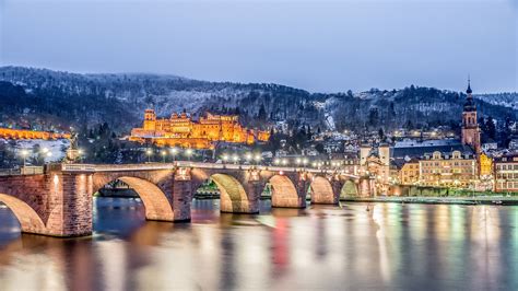 Download Castle Winter Light Night River Bridge Germany Man Made Heidelberg Castle HD Wallpaper