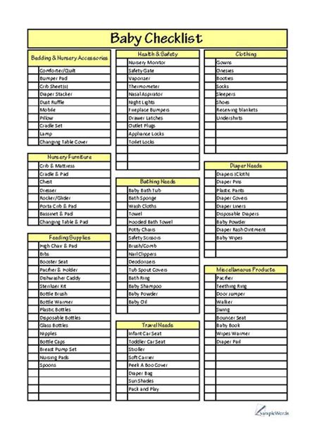 Baby Checklist Template Sample