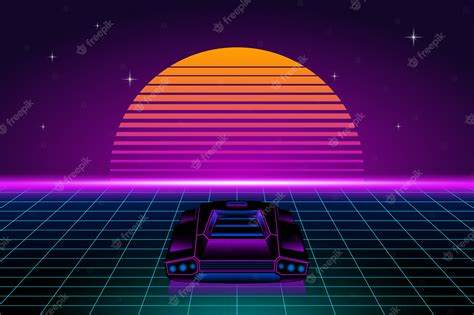 Premium Vector | Retro futuristic landscape with retro car and sun