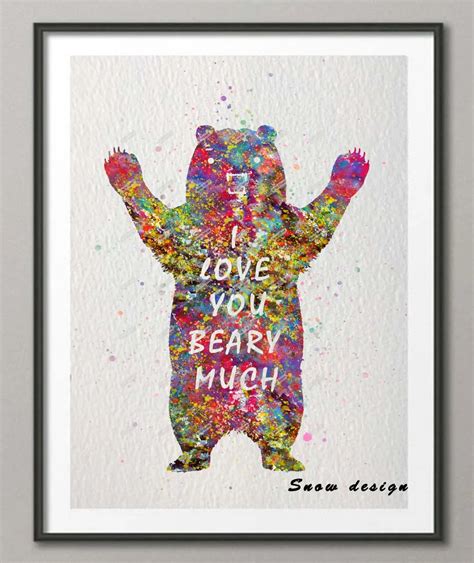 Original watercolor I Love You Beary Much canvas painting Mordern Animal wall art poster print ...