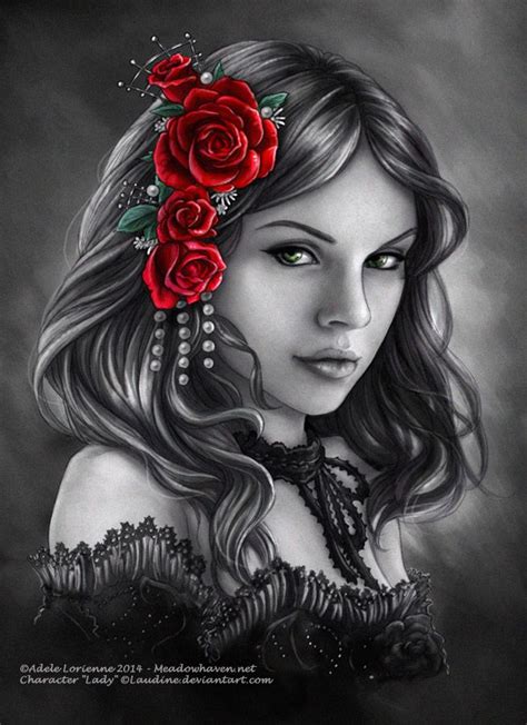 a drawing of a woman with red roses in her hair and pearls on her head