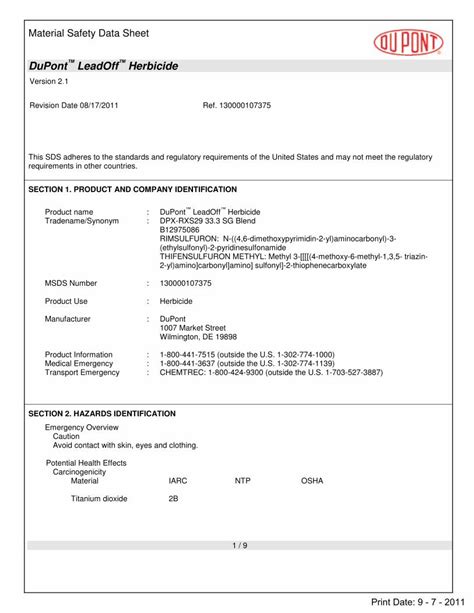 (PDF) Material Safety Data Sheet - Agrianfs1.agrian.com/pdfs/DuPont_LeadOff_Herbicide_MSDS2.pdf ...