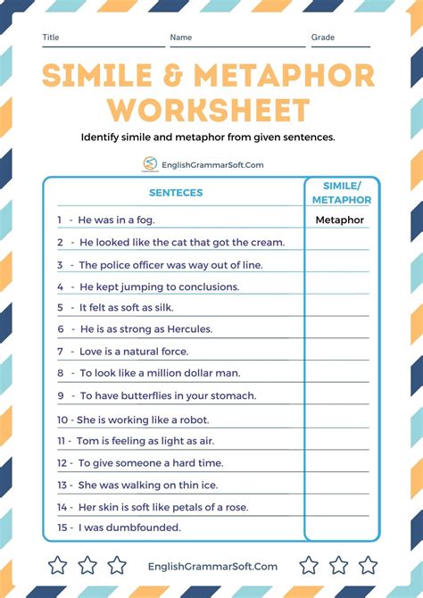 Worksheets on Simile and Metaphor [with answers] - EnglishGrammarSoft