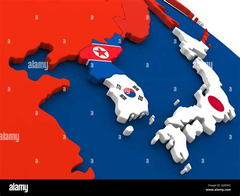 Map of South Korean and North Korea on globe with embedded flags of countries. 3D illustration ...