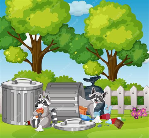 Premium Vector | Scene with raccoons eating food from trash