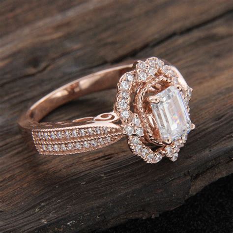 Emerald Cut Diamond Halo Vintage Style Engagement Ring 14k Rose Gold Over | eBay