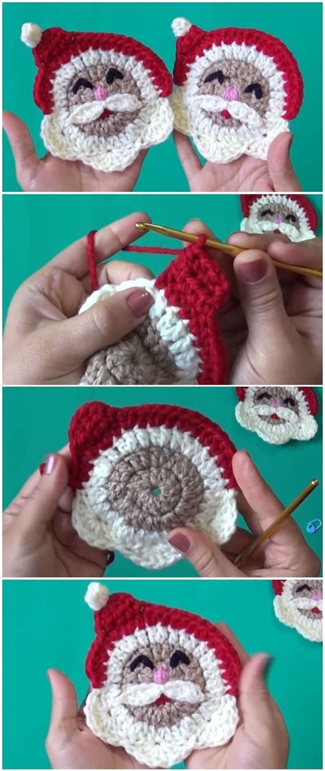 Learn To Crochet Santa Face Applique | Crochet xmas, Christmas crochet patterns, Holiday crochet