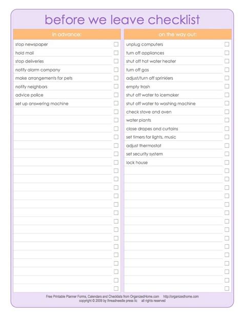 before you leave on vacation checklist | Camping checklist, Household notebook, Checklist