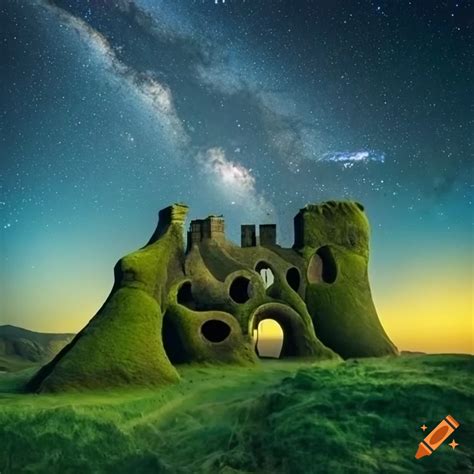 Moss-covered sandstone castle under the milky way