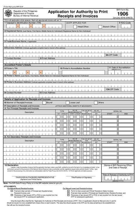 BIR Forms 1906 - Application for Authority to Print Receipts and Invoices - (To be filled up by ...