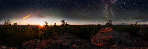 Dawn in the forest under the starry sky a milky way. 360 vr degree ...