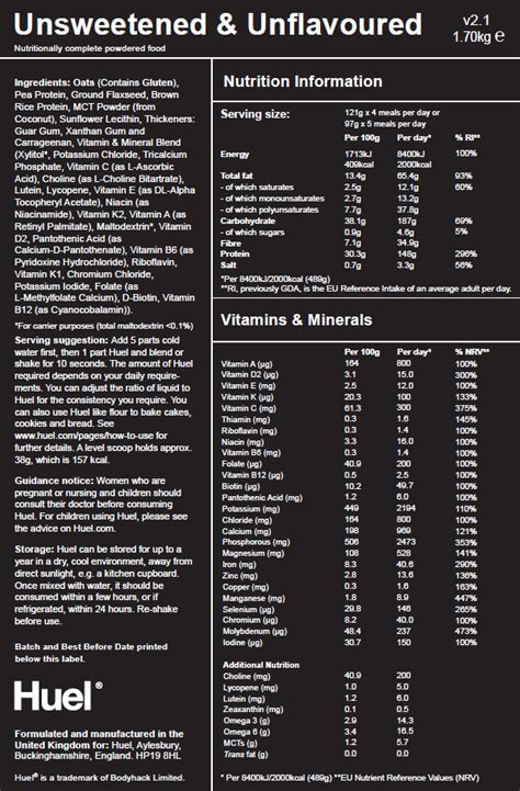 Nutritional Information and Ingredients | Huel