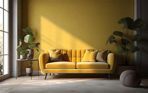 Premium AI Image | Minimalist living room interior with a soft yellow ...