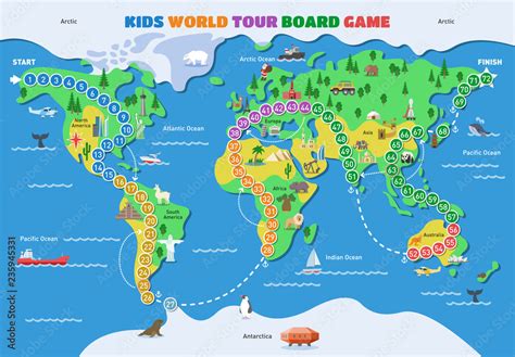 Board game vector world gaming map boardgame with ocean continents ...