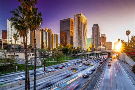 Los Angeles downtown skyline sunset buildings highway | Vibration ...
