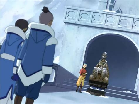 Avatar Aang pointing at a statue of Monk Gyatso and introducing him to ...