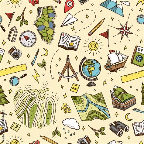 Geography symbols seamless pattern. Equipments for web banners ...