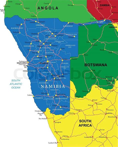 Highly detailed vector map of Namibia with administrative regions, main cities and roads ...