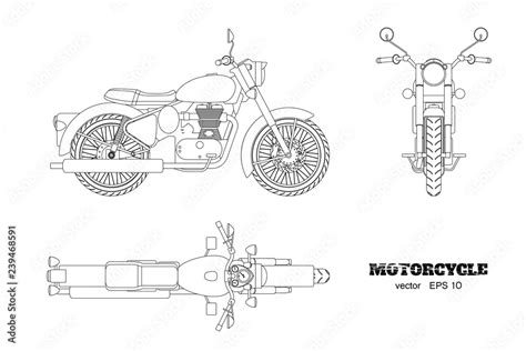 Vecteur Stock Retro classic motorcycle in outline style. Side, top and ...