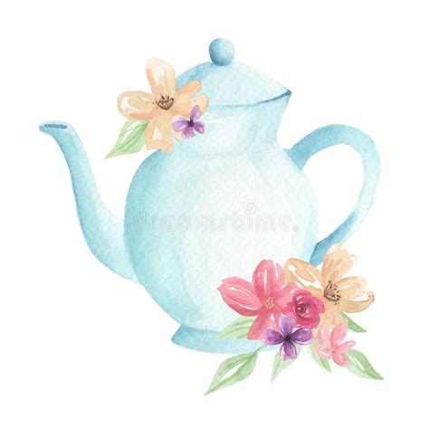 Teapot Flowers Watercolor Pastel Blue Foliage Afternoon Tea Floral Arrangement. Hand Painted ...