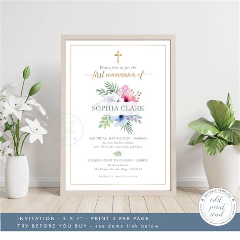 Floral First Communion Invitation Templatel Holy Communion - Etsy