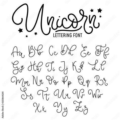 Unicorn hand drawn font design. Cute alphabet with flourish details ...