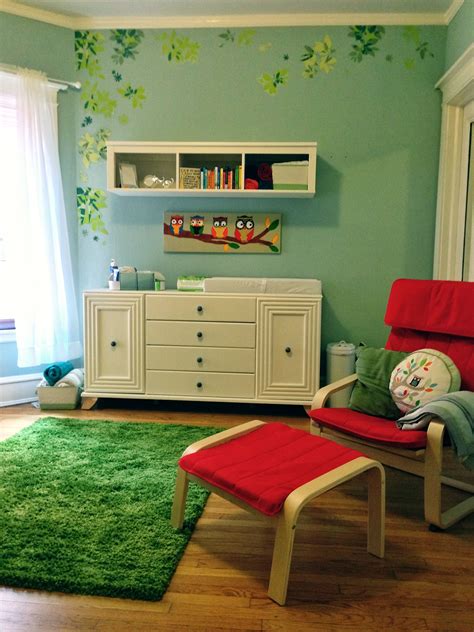 Nursery decor: bought wall shelf, chair, rug and wall decal from Ikea. Everything else is DIY ...