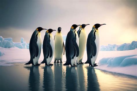 Premium Photo | Several emperor penguin stand on ice on edge of frozen sea