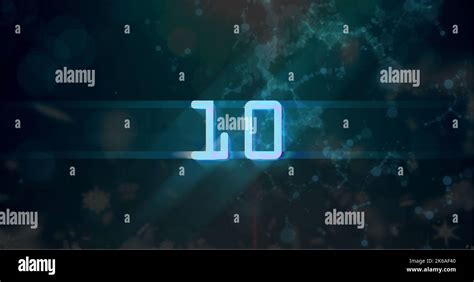 Image of blue retro digital number ten in countdown with screen flare on black background ...