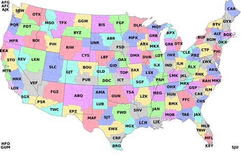 Map of National Weather Service Local Forecast Regions and Call Letters