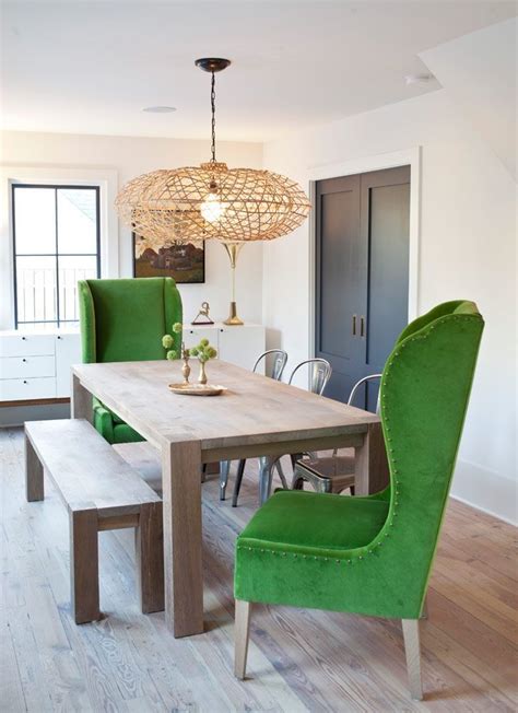 upholstered king & queen chairs + wood table + statement pendant Dining Room Design, Dining Room ...