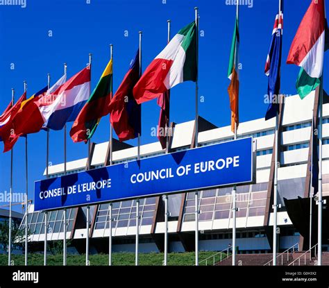 Flags of European countries in front of the Council of Europe building ...