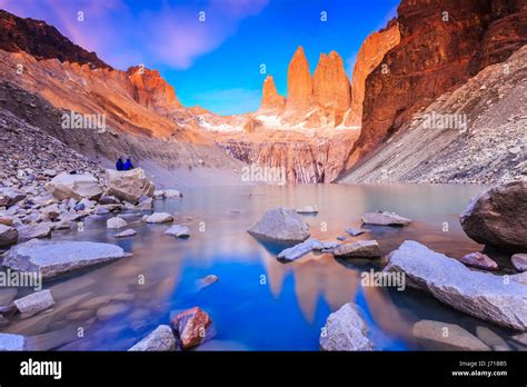 Torres Del Paine National Park, Chile. Sunrise at the Torres lookout ...