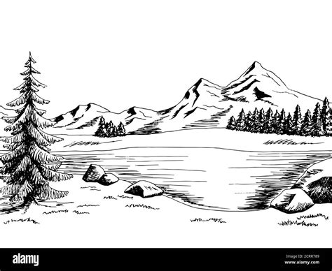 Mountain lake graphic art black white landscape illustration vector ...