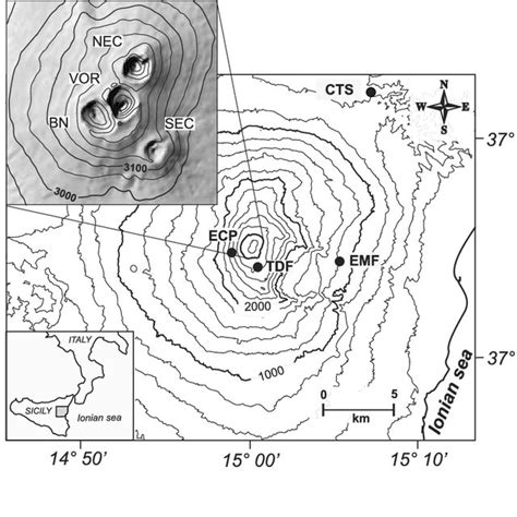 Map of Mount Etna volcano and location of the seismic stations used in... | Download Scientific ...