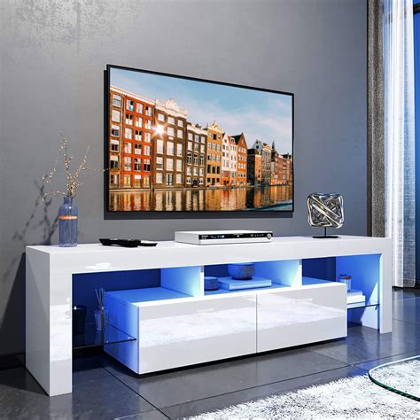 Paproos White TV Stand For 70 Inch TV, Modern High Glossy TV Cabinet With 16 Colors LED Lights ...